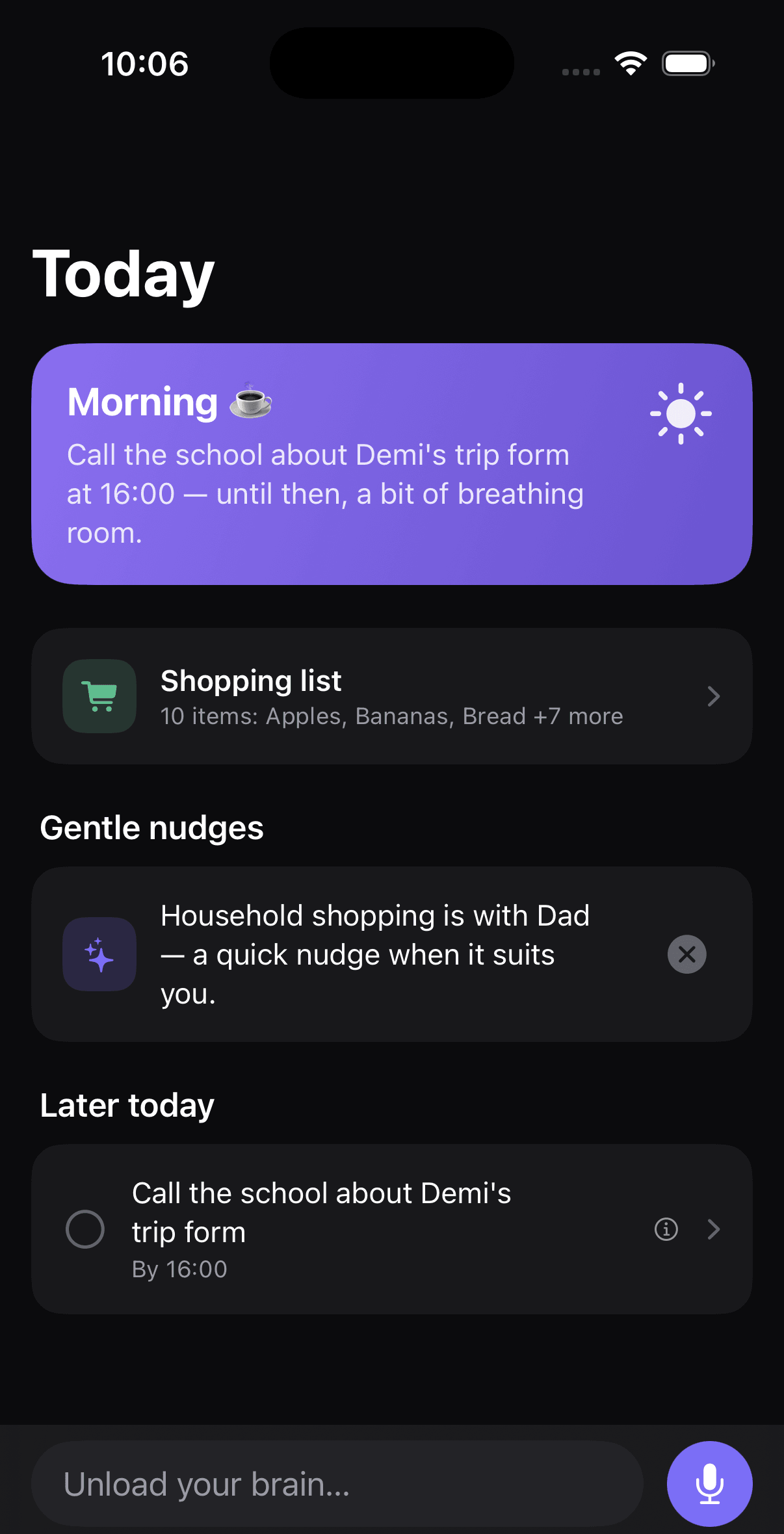 Momry Today screen with shared household plans and gentle reminders